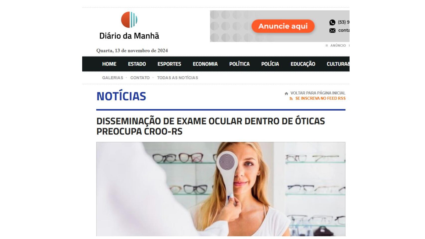 Disseminação de exame ocular dentro de óticas preocupa CROO-RS